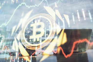 Blockchain temalı çizimler ve açık defter arkaplanı olan bir masa. Kripto para birimi kavramı