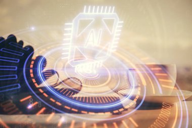 Teknoloji temalı çizimlere ve masaüstüne kahve ve masa arkasında eşyalar ile çifte pozlama. Veri araştırması kavramı.