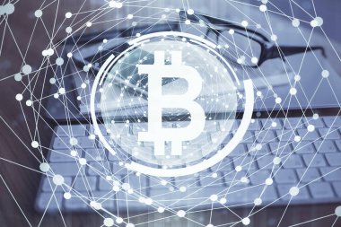 Blockchain temalı çizim ve cep telefonu arkaplanının çifte pozu. Şifreleme pazarı kavramı