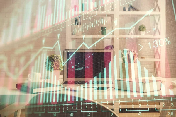 Dupla exposição do desenho gráfico financeiro e fundo interior do escritório. conceito de mercado bolsista. — Fotografia de Stock