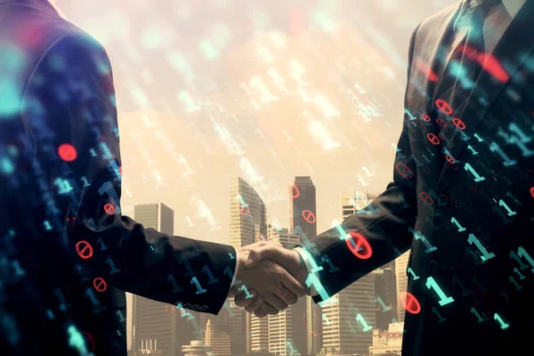 Dupla exposição do holograma temático de dados e aperto de mão de dois homens. Parceria no conceito da indústria de TI. — Fotografia de Stock