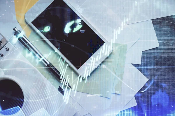 Multi exposure of forex graph hologram over desktop with phone. Top view. Mobile trade platform concept. — Stock Photo, Image