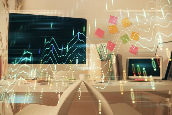 Finansal grafik çizimine ve ofis içi arka planına çifte maruz kalma. Borsa konsepti.