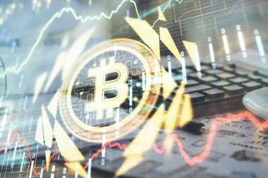Blockchain temalı çizimler ve açık defter arkaplanı olan bir masa. Kripto para birimi kavramı