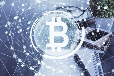 Blockchain temalı çizim ve cep telefonu arkaplanının çifte pozu. Şifreleme pazarı kavramı