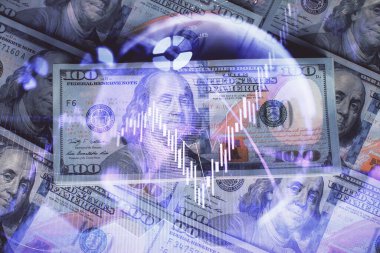 Forx grafiğinin çok sayıda görüntüsü bize dolar banknotları arka planında görünüyor. Finansal başarı piyasası kavramı.