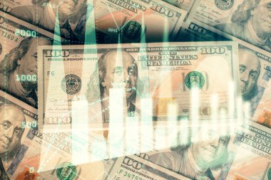 Forx grafiğinin çok sayıda görüntüsü bize dolar banknotları arka planında görünüyor. Finansal başarı piyasası kavramı.