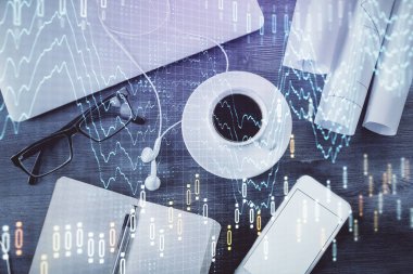 Bilgisayarla önx grafik arkaplanının çok açılımlı çizimi. Finansal analiz kavramı. Üst görünüm.