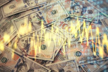 Forx grafiğinin çok sayıda görüntüsü bize dolar banknotları arka planında görünüyor. Finansal başarı piyasası kavramı.