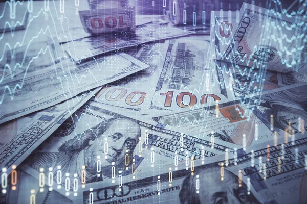 Multi blootstelling van forex grafiek tekenen over ons dollar biljet achtergrond. Begrip financiële succesmarkten. — Stockfoto