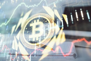 Blockchain temalı çizimler ve açık defter arkaplanı olan bir masa. Kripto para birimi kavramı