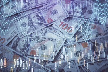 Önx grafiğinin arka plandaki dolarları iki katına çıkarması. Finans piyasası kavramı.