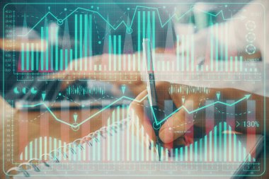 Ön x çizelgesinin arka plan notları alan insanların üzerini çizerken çift pozlama. Mali analiz kavramı