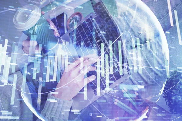 Double exposure of woman hands typing on computer and business theme hologram drawing. Success concept. — Stock Photo, Image