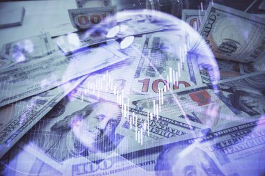 Forx grafiğinin çok sayıda görüntüsü bize dolar banknotları arka planında görünüyor. Finansal başarı piyasası kavramı.