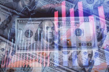 Forx grafiğinin çok sayıda görüntüsü bize dolar banknotları arka planında görünüyor. Finansal başarı piyasası kavramı.