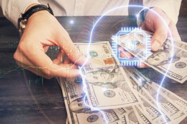 Beynin holograma maruz kalması, bize dolar banknotları ve insan eli çizmesi. Ai yatırım konsepti