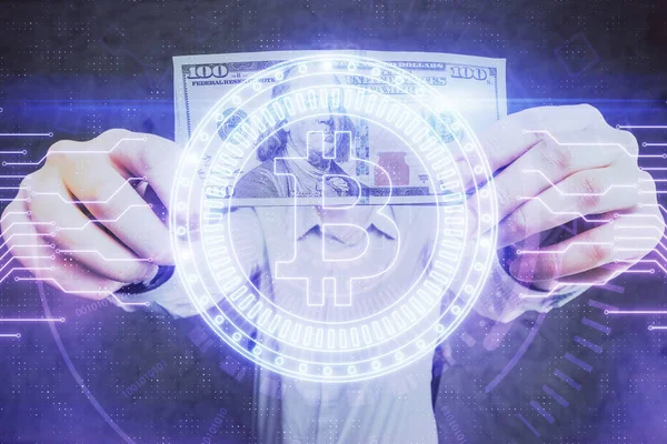 Multi exposição do holograma do desenho do tema do blockchain e contas dos dólares dos EUA e mãos do homem. Conceito de negócio. — Fotografia de Stock