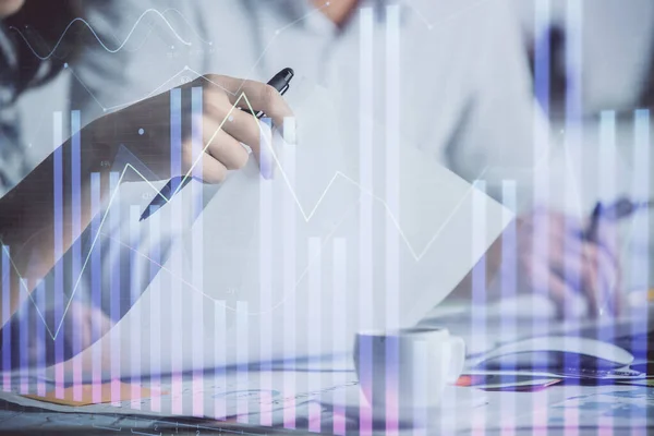 Double exposure of forex graph drawing over people taking notes background. Concept of financial analysis — Stock Photo, Image