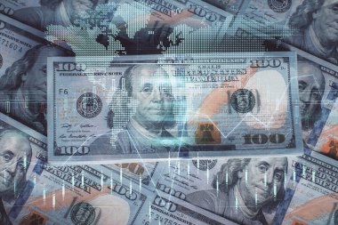 Forx grafiğinin çok sayıda görüntüsü bize dolar banknotları arka planında görünüyor. Finansal başarı piyasası kavramı.