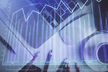 Bilgisayarla arka plan üzerine iki kat mali şema çizimi. Araştırma ve analiz kavramı. Üst görünüm.