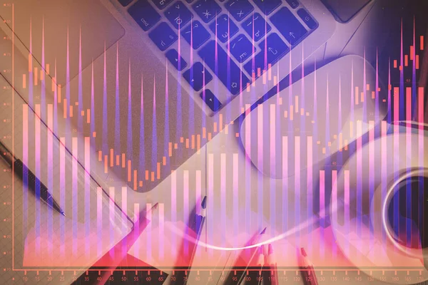 Double exposure of financial chart drawing over table background with computer. Concept of research and analysis. Top view. — Stock Photo, Image