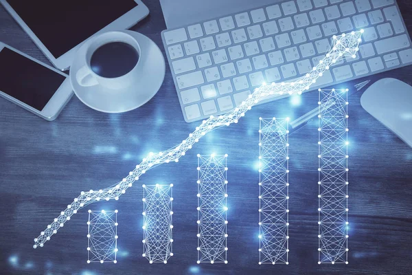 Dubbel exponering av Forex diagram hologram över skrivbordet med telefon. Högst upp. Begreppet mobil handelsplattform. — Stockfoto