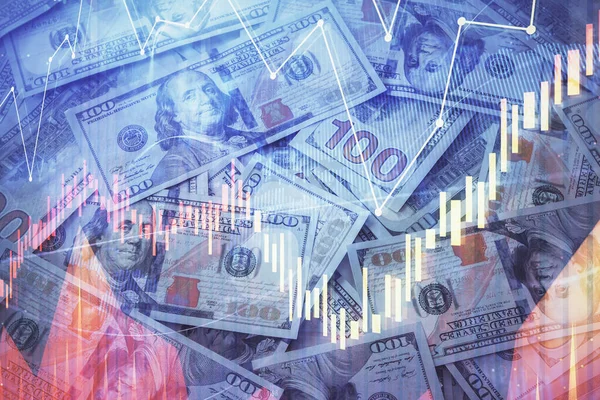 Dubbele belichting van forex grafiek tekening over ons dollar biljet achtergrond. Begrip financiële markten. — Stockfoto