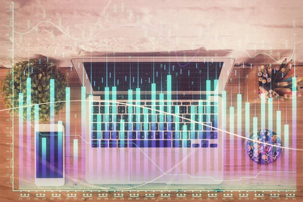 Multi exposure of financial chart drawing over table background with computer. Concept of research and analysis. Top view. — Stock Photo, Image