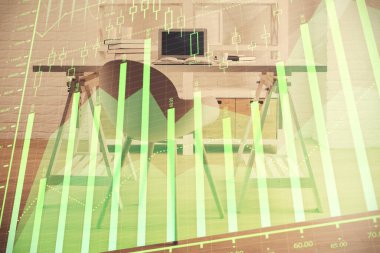 Finansal grafik çizimi ve ofis içi arka planının çoklu pozu. Pazar analizi kavramı.