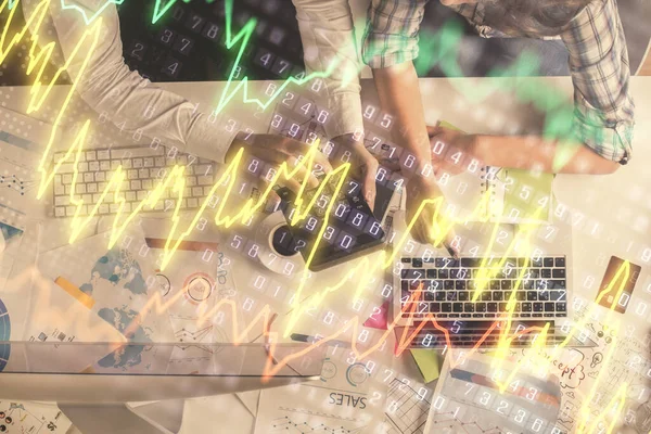 Double exposure of man and woman working together and financial graph hologram drawing. market analysis concept. Computer background. Top View. — Stock Photo, Image