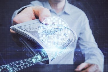 Hologram, Amerikan dolarları ve erkek eli gibi çok sayıda engelleme temasına maruz kalma. İş konsepti.
