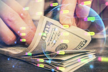 Teknolojinin iki katına çıkması hologram, dolar banknotları ve insan eli. Veri kavramı