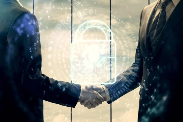 Kétszeres Hologram Expozíció Két Férfi Kézfogása Partnerségi Biztonsági Koncepció — Stock Fotó