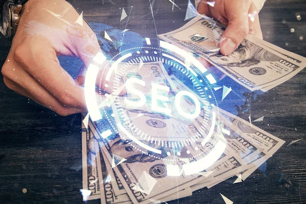 Multi Exposición Seo Dibujo Holograma Nosotros Dólares Billetes Manos Hombre — Foto de Stock