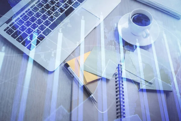 Stock market graph and top view computer on the table background. Double exposure. Concept of financial education. — Stock Photo, Image