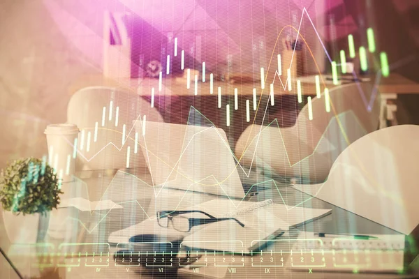 Doppia esposizione del grafico del mercato azionario e sfondo interno dell'ufficio. Concetto di analisi finanziaria. — Foto Stock
