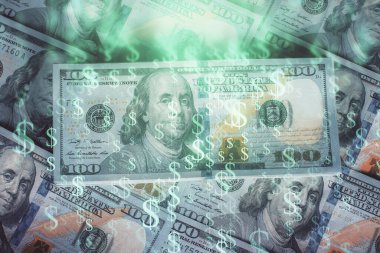 Forx grafiğinin çok sayıda görüntüsü bize dolar banknotları arka planında görünüyor. Finansal başarı piyasası kavramı.