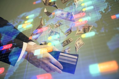 Teknolojiye çoklu maruz kalma hologram, dolar banknotları ve insan eli. Veri kavramı