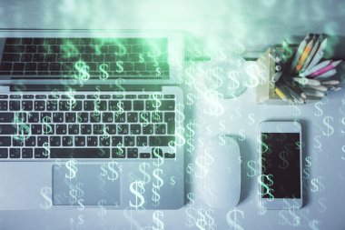 Bilgisayarla önx grafik arkaplanının çok açılımlı çizimi. Finansal analiz kavramı. Üst görünüm.