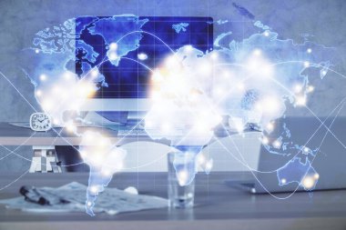 İş teması çizimi ve ofis içi arka planına çifte maruz kalma. Başarı kavramı