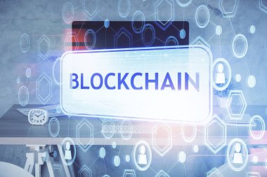 Kripto teknolojisi temalı çizim ve ofis içi arka planına çifte maruz kalma. Engelleme zinciri kavramı.
