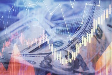 Önx grafiğinin arka plandaki dolarları iki katına çıkarması. Finans piyasası kavramı.