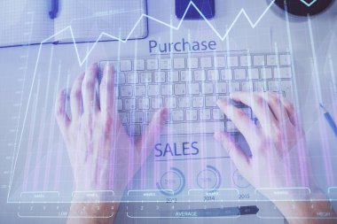 Dizüstü bilgisayar klavyesini ve ön x çizim hologramını yazarken çift pozlama. Üst Manzara. Finans piyasası kavramı.