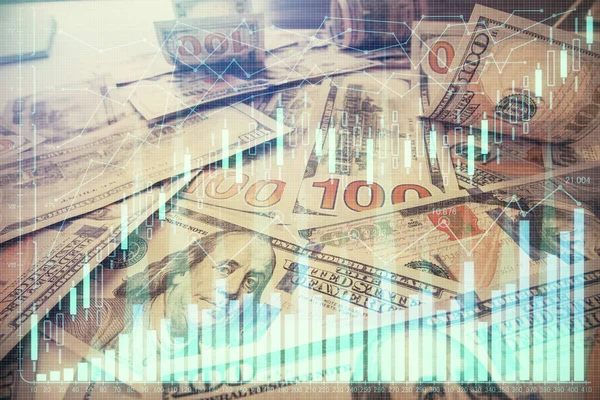 Multi exposure of forex chart drawing over us dollars bill background. Concept of financial success markets. — Stock Photo, Image