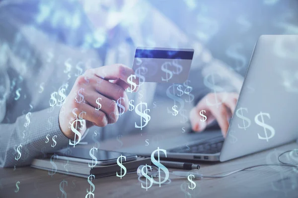 Podwójna ekspozycja rąk człowieka trzymających kartę kredytową i rysunek wykresu Forex 'a. Handel akcjami i cyfrowy fintech w koncepcji e-commerce. — Zdjęcie stockowe