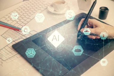 Teknolojiye çifte maruz kalma, hologram çizimi ve cep telefonu kullanan bir kadın. Ai kavramı