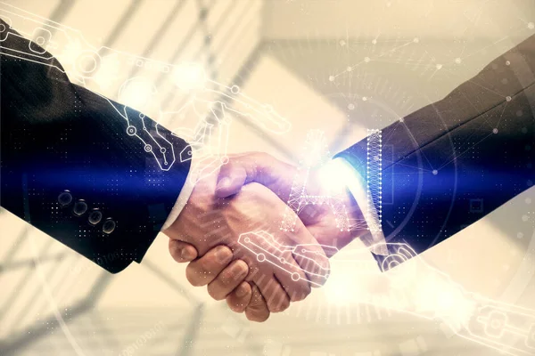 Dubbel exponering av data tema hologram och handslag av två män. Partnerskap inom IT-industrin. — Stockfoto