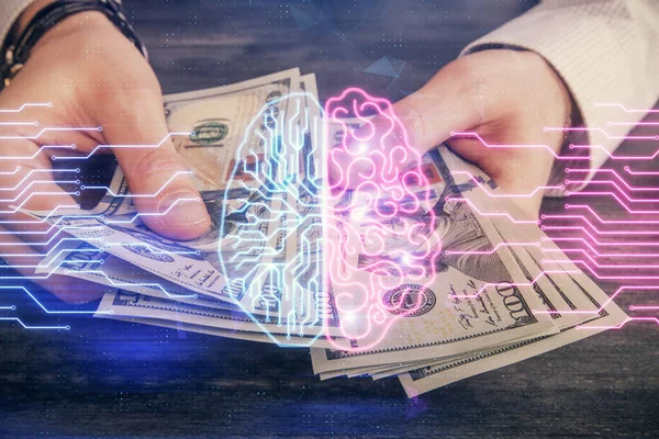 뇌의 다양 한 노출 이 홀로그램 과우리의 돈 과 사람의 손을 그린다. 아이 투자 개념 — 스톡 사진