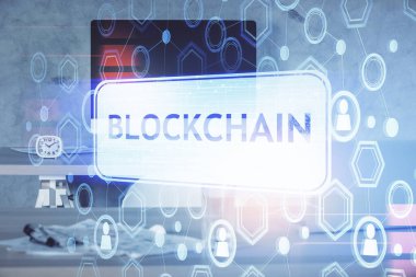 Kripto teknolojisi temalı çizim ve ofis içi arka planına çifte maruz kalma. Engelleme zinciri kavramı.